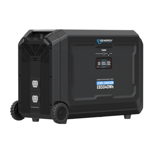 VISTA FRONTAL Y LATERAL DERECHO BATERÍA DE EXPANSIÓN GENERGY EB5040 WH . Lateral con rejilla, dos puertos y vista de las ruedas. Frontal con Pantalla LCD de Control de Carga, Puertos  USB/DC.