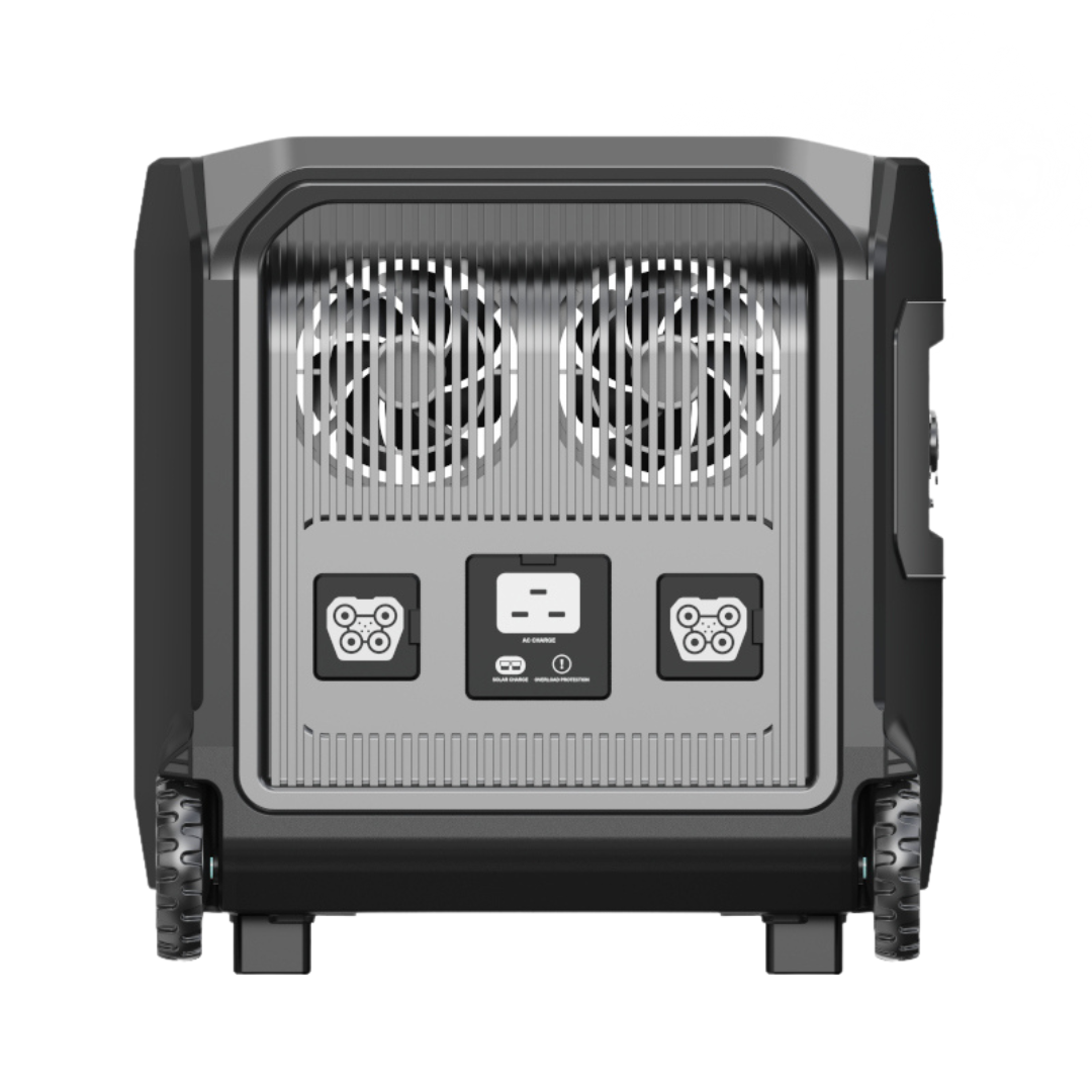 VIsta Lateral 2 Generador Solar Portátil Genergy GZE 4672-E. Ventiladores de Refrigeración, Entrada de Carga Rapida, Conexion de Baterias de Expansión .  