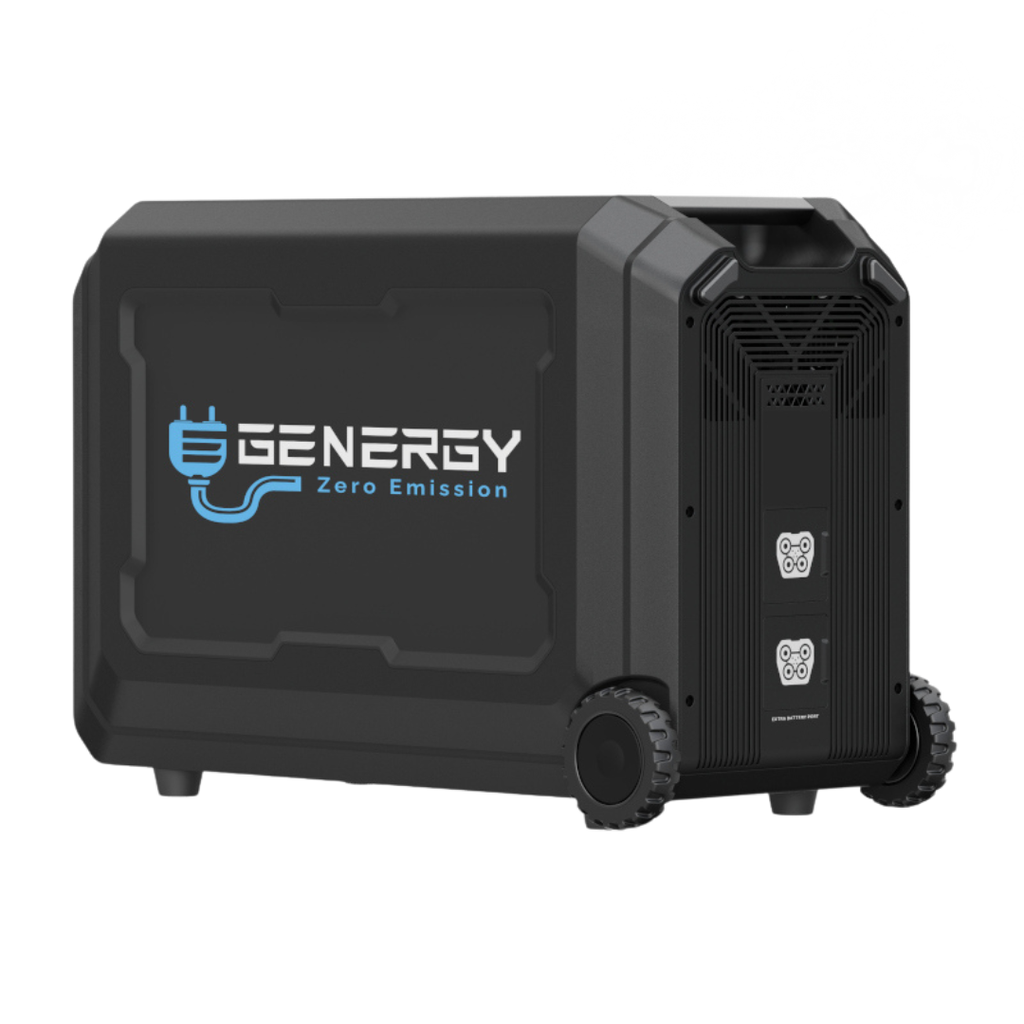Vista Trasera Lisa con Logotipo de GENERGY DE LA BATERÍA DE EXPANSIÓN EB5040WH . Vista del lateral derecho con rejilla de ventilación y tomas de interconexión de batería. Para conectar al Generador o unir a otra batería.