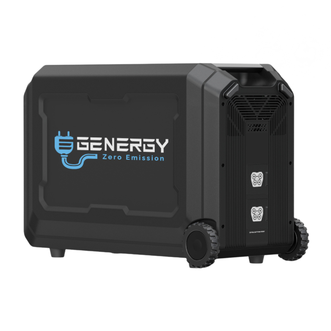 Vista Trasera Lisa con Logotipo de GENERGY DE LA BATERÍA DE EXPANSIÓN EB5040WH . Vista del lateral derecho con rejilla de ventilación y tomas de interconexión de batería. Para conectar al Generador o unir a otra batería.